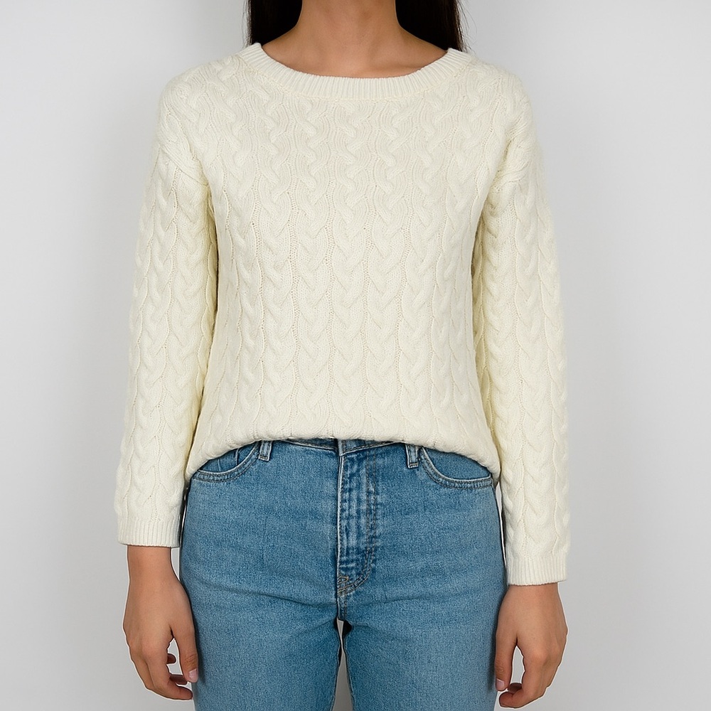 Peace Love World Sweater Cable Knit Pullover Crew Neck Warm Winter Cream XS